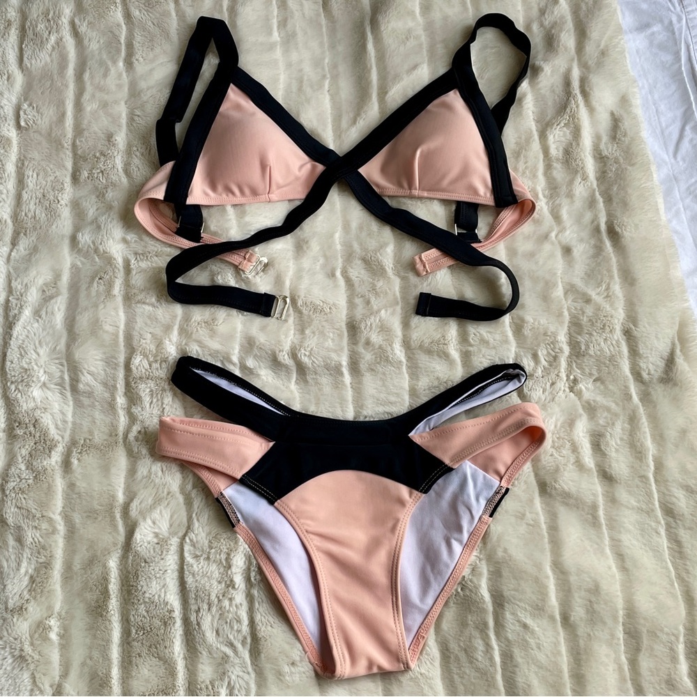 Peach and Black Two-Piece Bikini Set